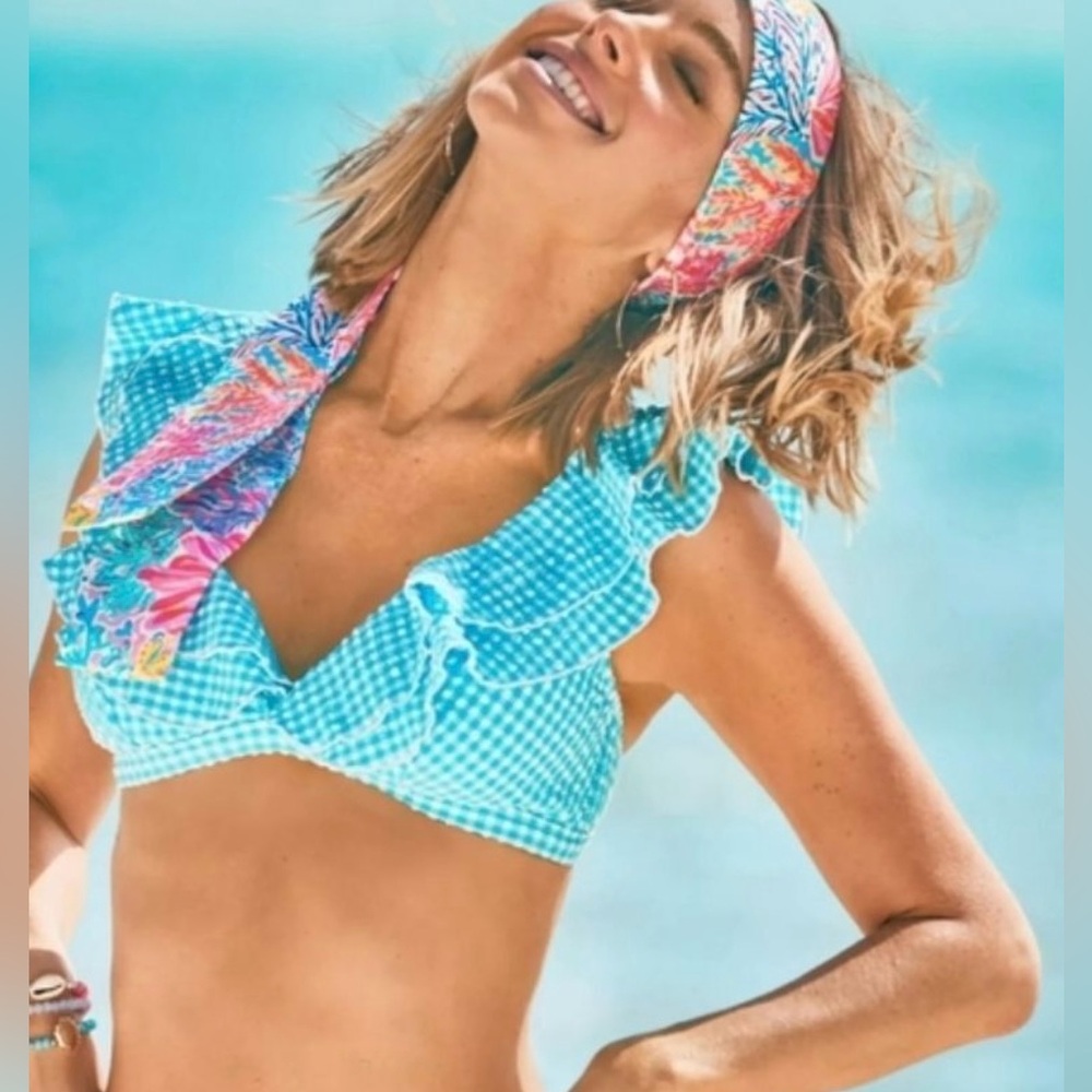 Lilly Pulitzer Aqua Gingham Ruffle Bikini Top